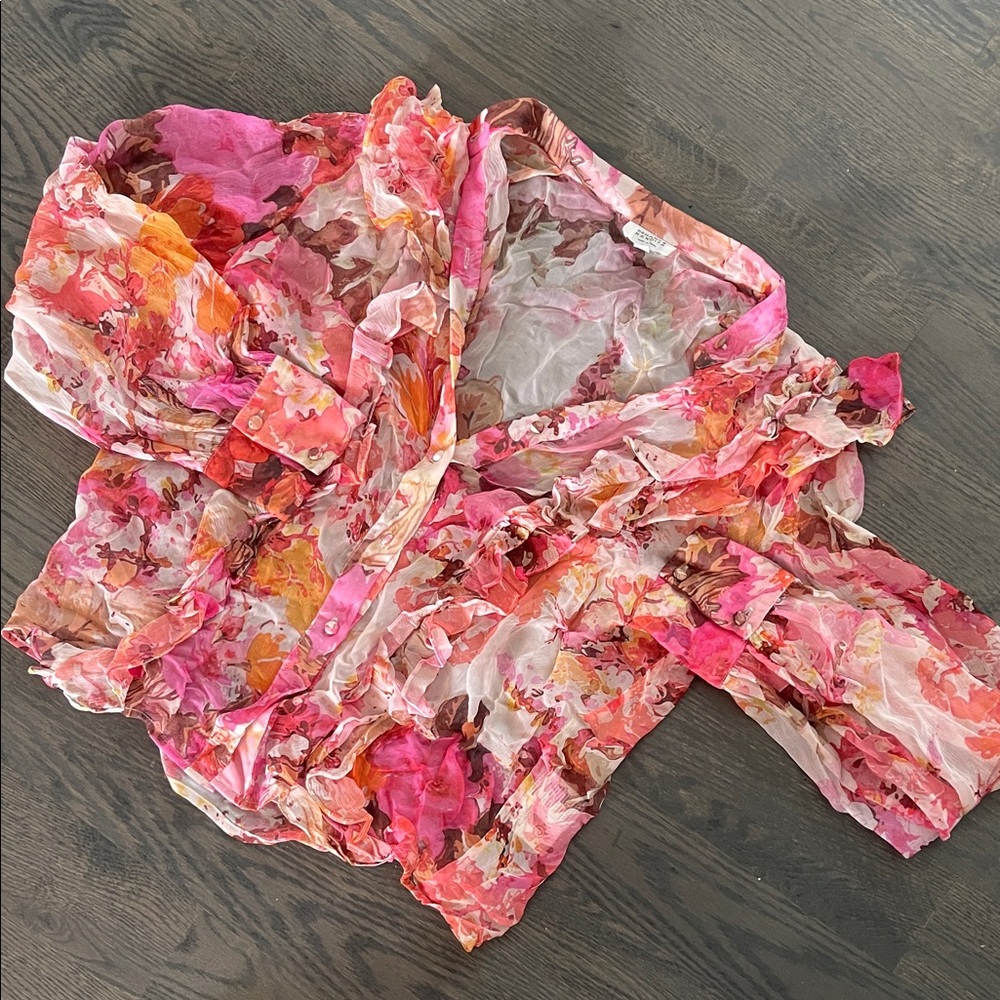 HEMANT & NANDITA Pink Floral Ruffled Sheer Blouse
